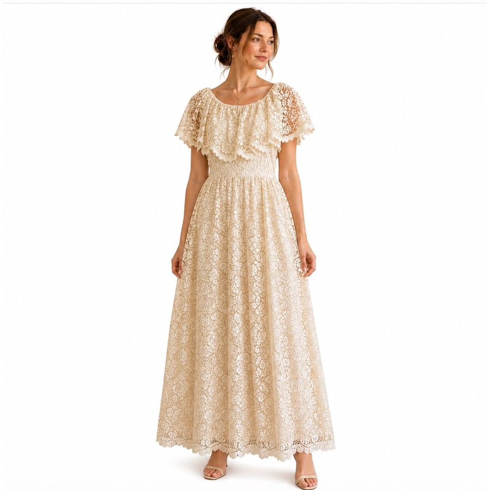 Vintage Lanz Originals Ivory Yellow Lace Maxi Dress 4 Prairie Boho Hoco USA